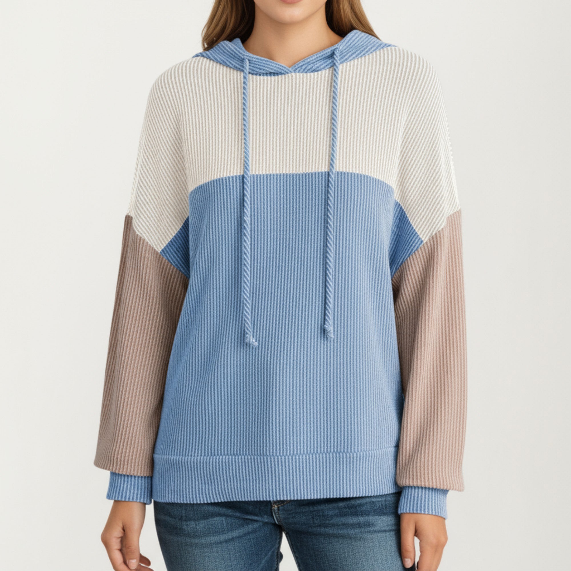 Anna-Kaci Women's Long Sleeve Color Block Knit Hoodie with Drawstring and Relaxed Fit