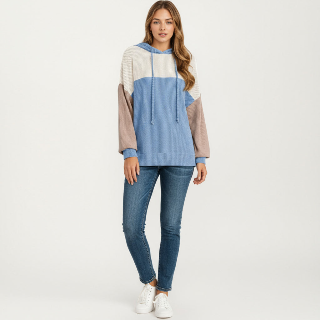 Anna-Kaci Women's Long Sleeve Color Block Knit Hoodie with Drawstring and Relaxed Fit