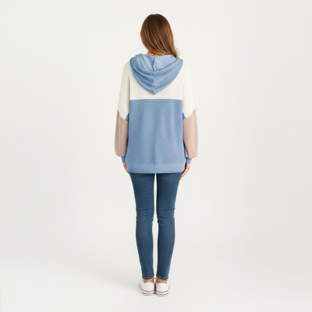 Anna-Kaci Women's Long Sleeve Color Block Knit Hoodie with Drawstring and Relaxed Fit