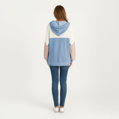 Anna-Kaci Women's Long Sleeve Color Block Knit Hoodie with Drawstring and Relaxed Fit