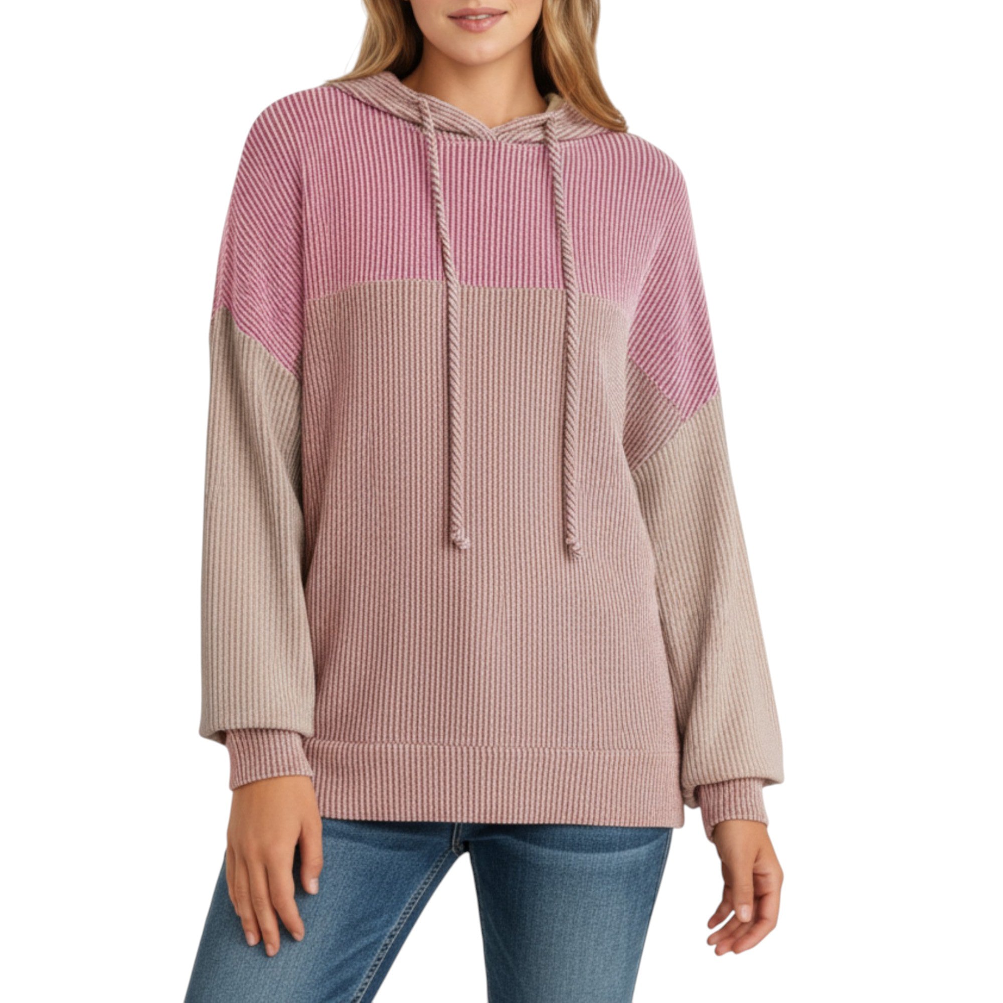Anna-Kaci Women's Long Sleeve Color Block Knit Hoodie with Drawstring and Relaxed Fit