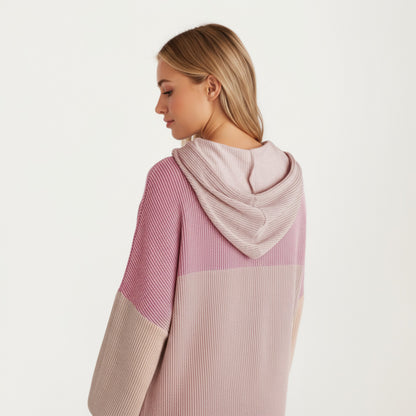 Anna-Kaci Women's Long Sleeve Color Block Knit Hoodie with Drawstring and Relaxed Fit