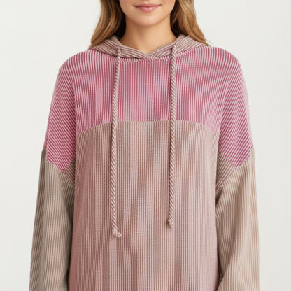 Anna-Kaci Women's Long Sleeve Color Block Knit Hoodie with Drawstring and Relaxed Fit