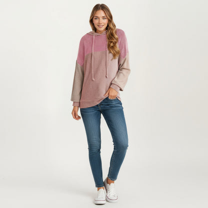 Anna-Kaci Women's Long Sleeve Color Block Knit Hoodie with Drawstring and Relaxed Fit