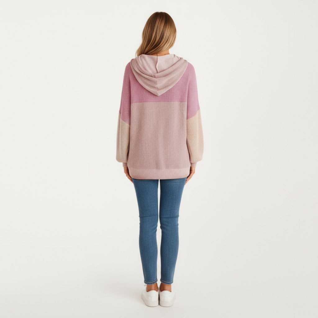 Anna-Kaci Women's Long Sleeve Color Block Knit Hoodie with Drawstring and Relaxed Fit