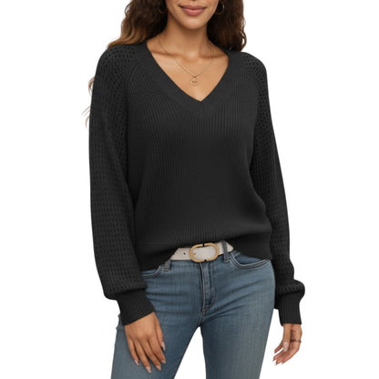Anna-Kaci Women's Off-Shoulder Knit Sweater with Pointelle Sleeves and Relaxed Fit