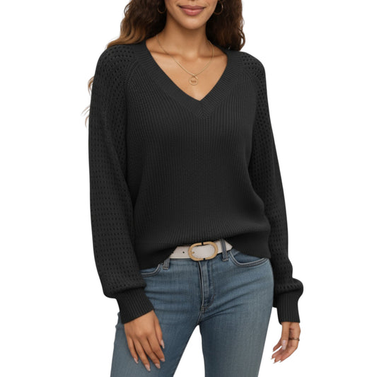 Anna-Kaci Women's Off-Shoulder Knit Sweater with Pointelle Sleeves and Relaxed Fit