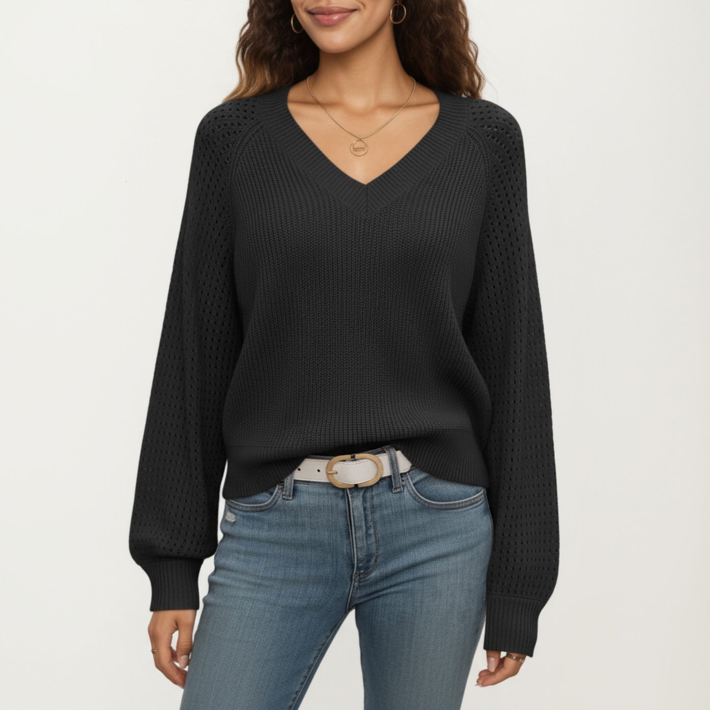 Anna-Kaci Women's Off-Shoulder Knit Sweater with Pointelle Sleeves and Relaxed Fit