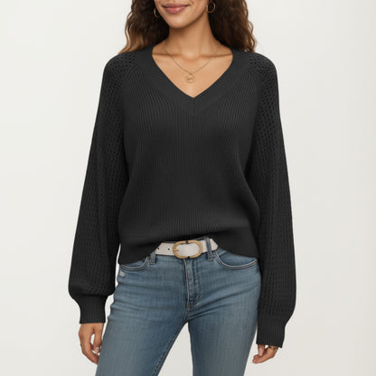 Anna-Kaci Women's Off-Shoulder Knit Sweater with Pointelle Sleeves and Relaxed Fit