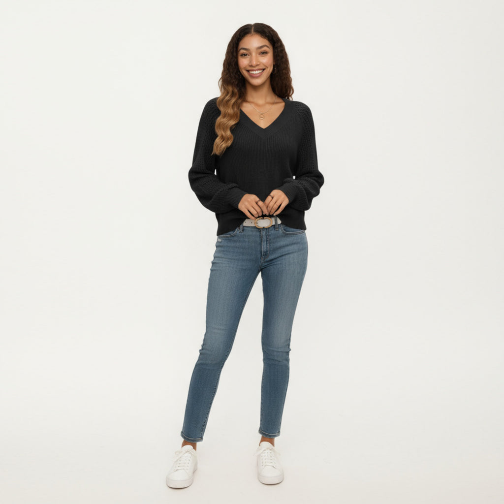 Anna-Kaci Women's Off-Shoulder Knit Sweater with Pointelle Sleeves and Relaxed Fit