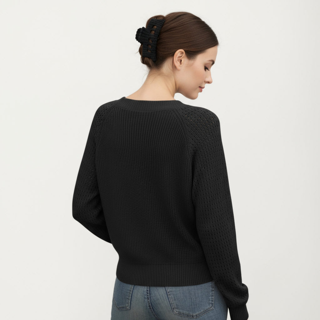 Anna-Kaci Women's Off-Shoulder Knit Sweater with Pointelle Sleeves and Relaxed Fit