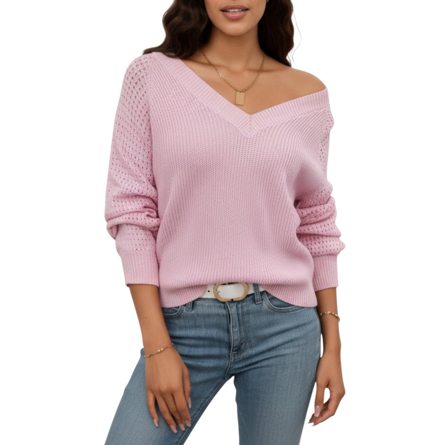 Anna-Kaci Women's Off-Shoulder Knit Sweater with Pointelle Sleeves and Relaxed Fit
