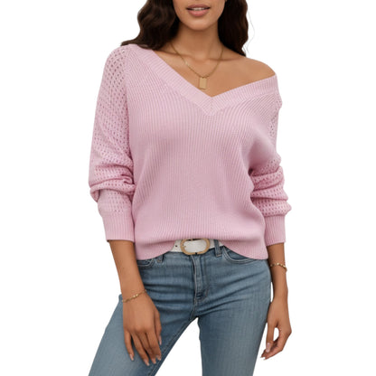 Anna-Kaci Women's Off-Shoulder Knit Sweater with Pointelle Sleeves and Relaxed Fit