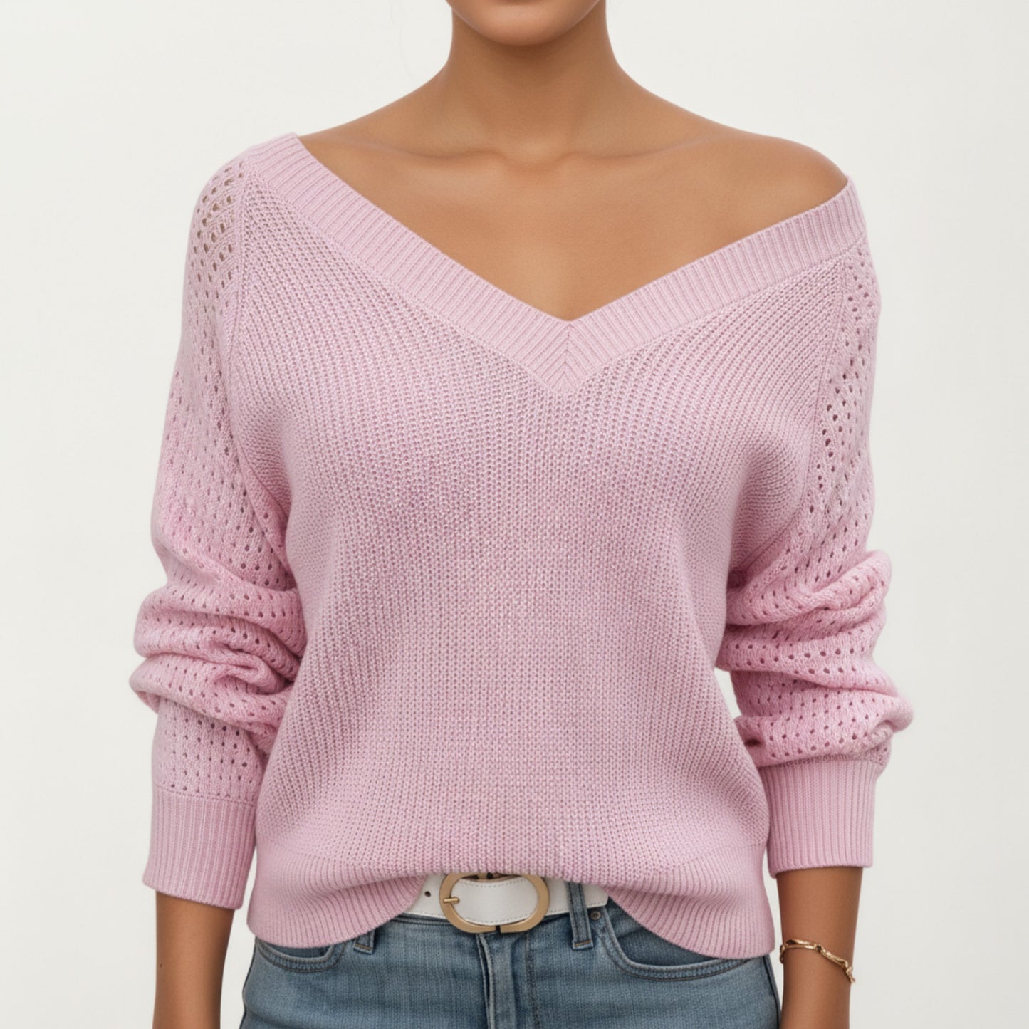 Anna-Kaci Women's Off-Shoulder Knit Sweater with Pointelle Sleeves and Relaxed Fit