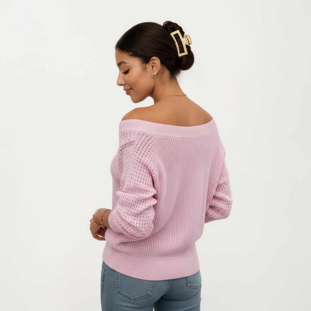 Anna-Kaci Women's Off-Shoulder Knit Sweater with Pointelle Sleeves and Relaxed Fit
