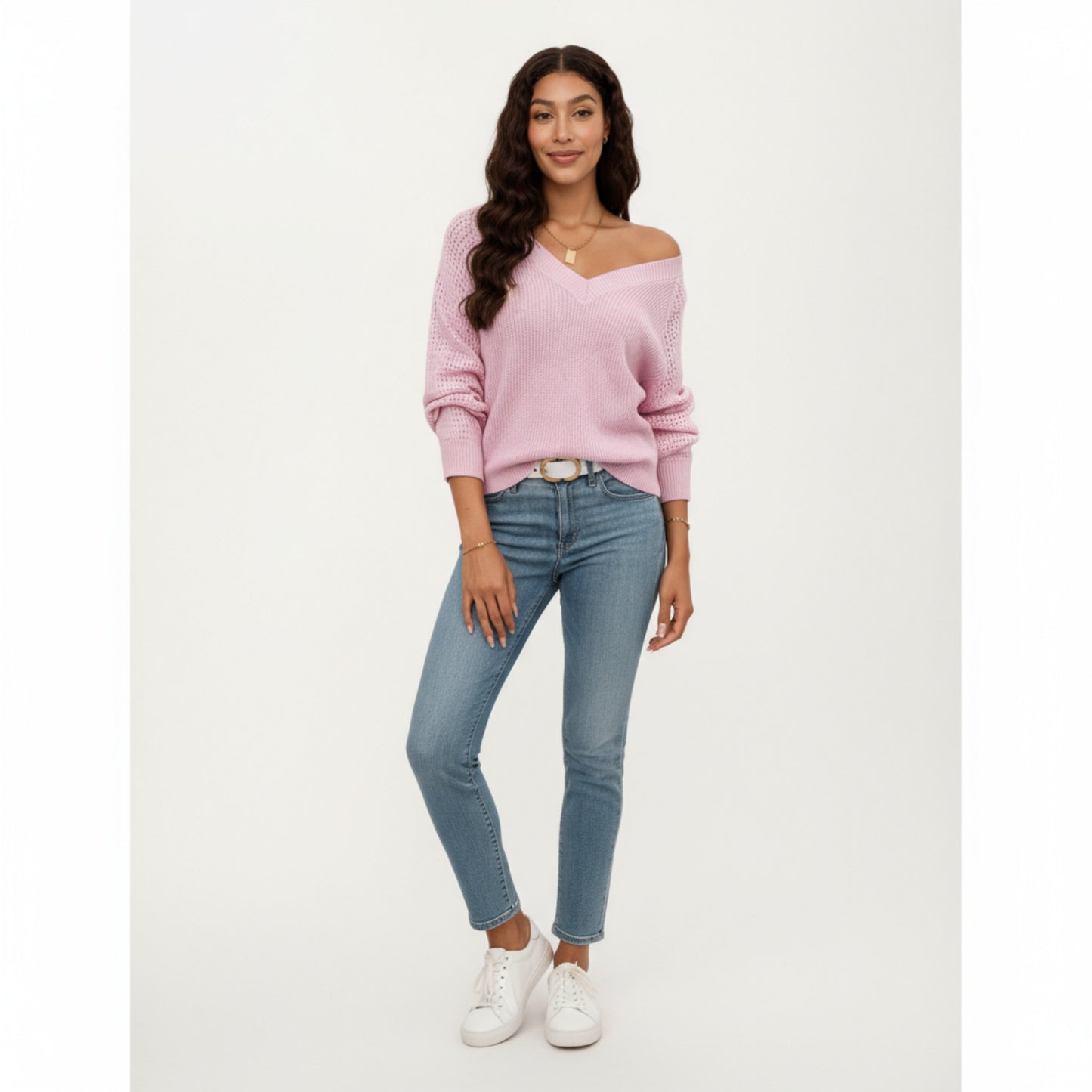 Anna-Kaci Women's Off-Shoulder Knit Sweater with Pointelle Sleeves and Relaxed Fit