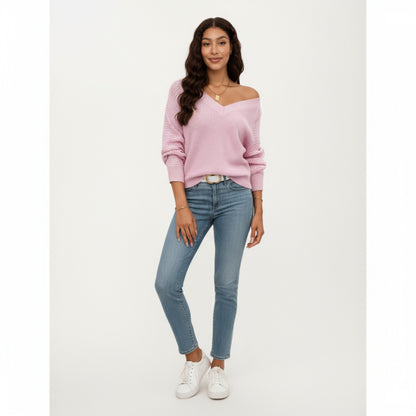 Anna-Kaci Women's Off-Shoulder Knit Sweater with Pointelle Sleeves and Relaxed Fit