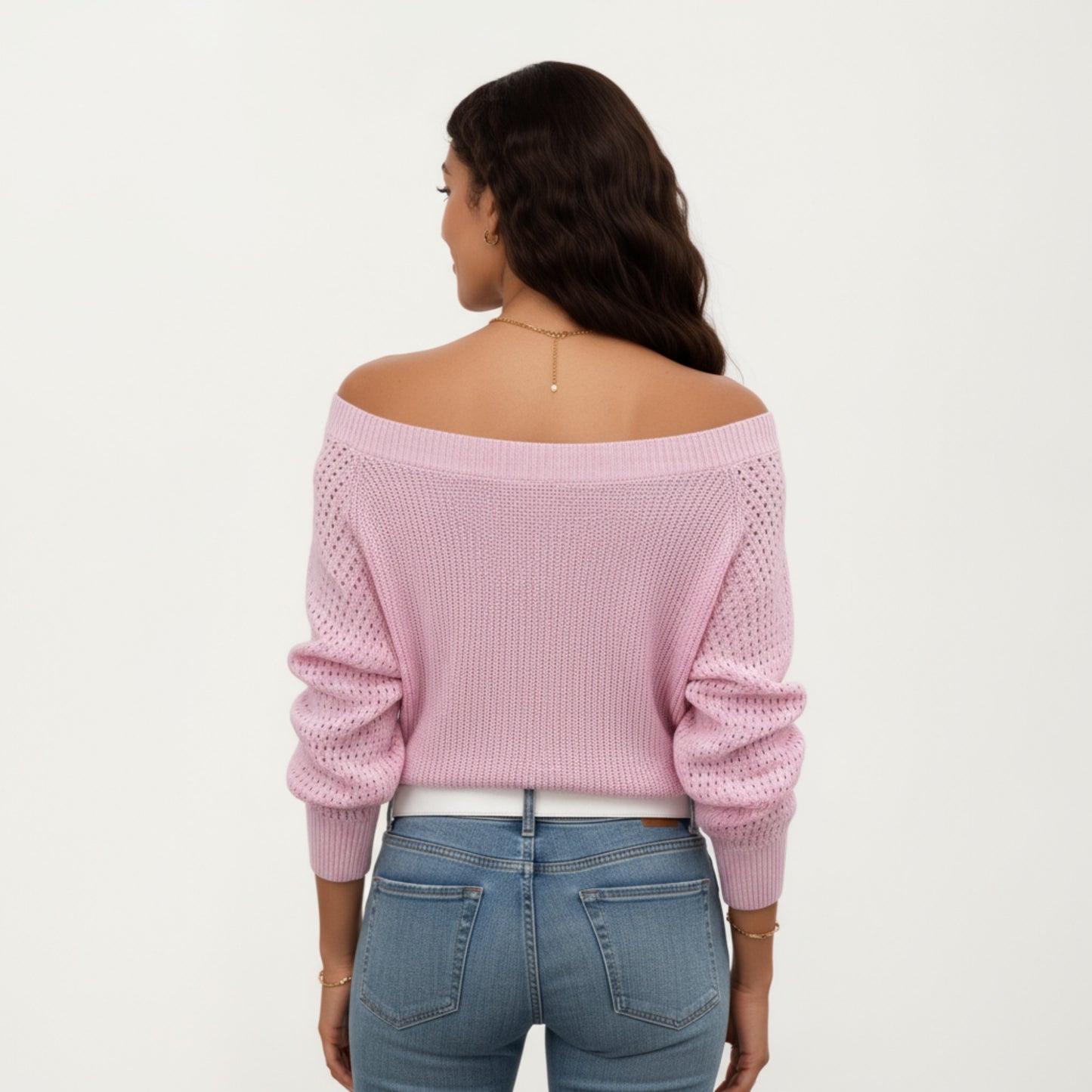 Anna-Kaci Women's Off-Shoulder Knit Sweater with Pointelle Sleeves and Relaxed Fit