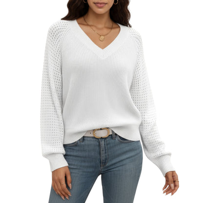 Anna-Kaci Women's Off-Shoulder Knit Sweater with Pointelle Sleeves and Relaxed Fit