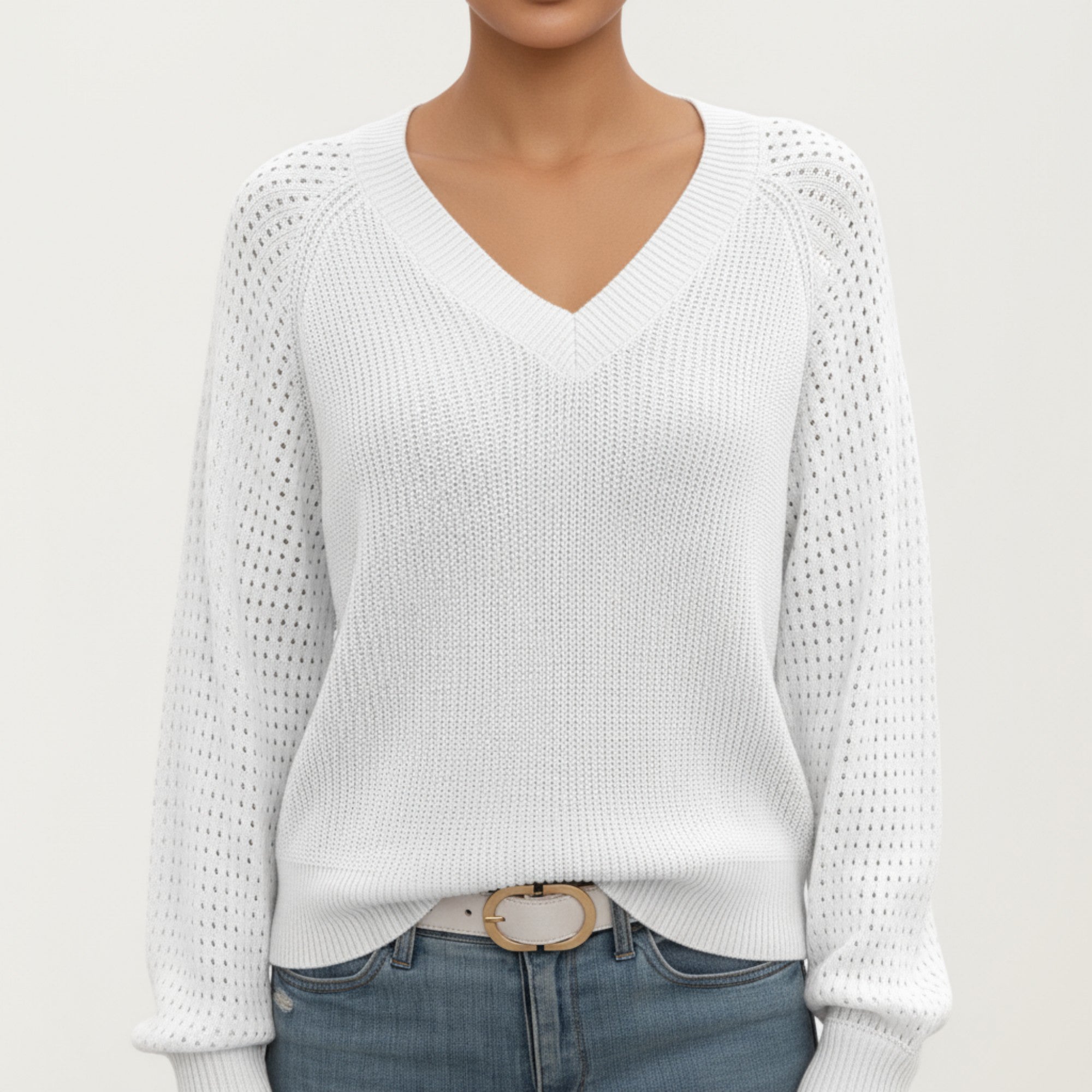 Anna-Kaci Women's Off-Shoulder Knit Sweater with Pointelle Sleeves and Relaxed Fit