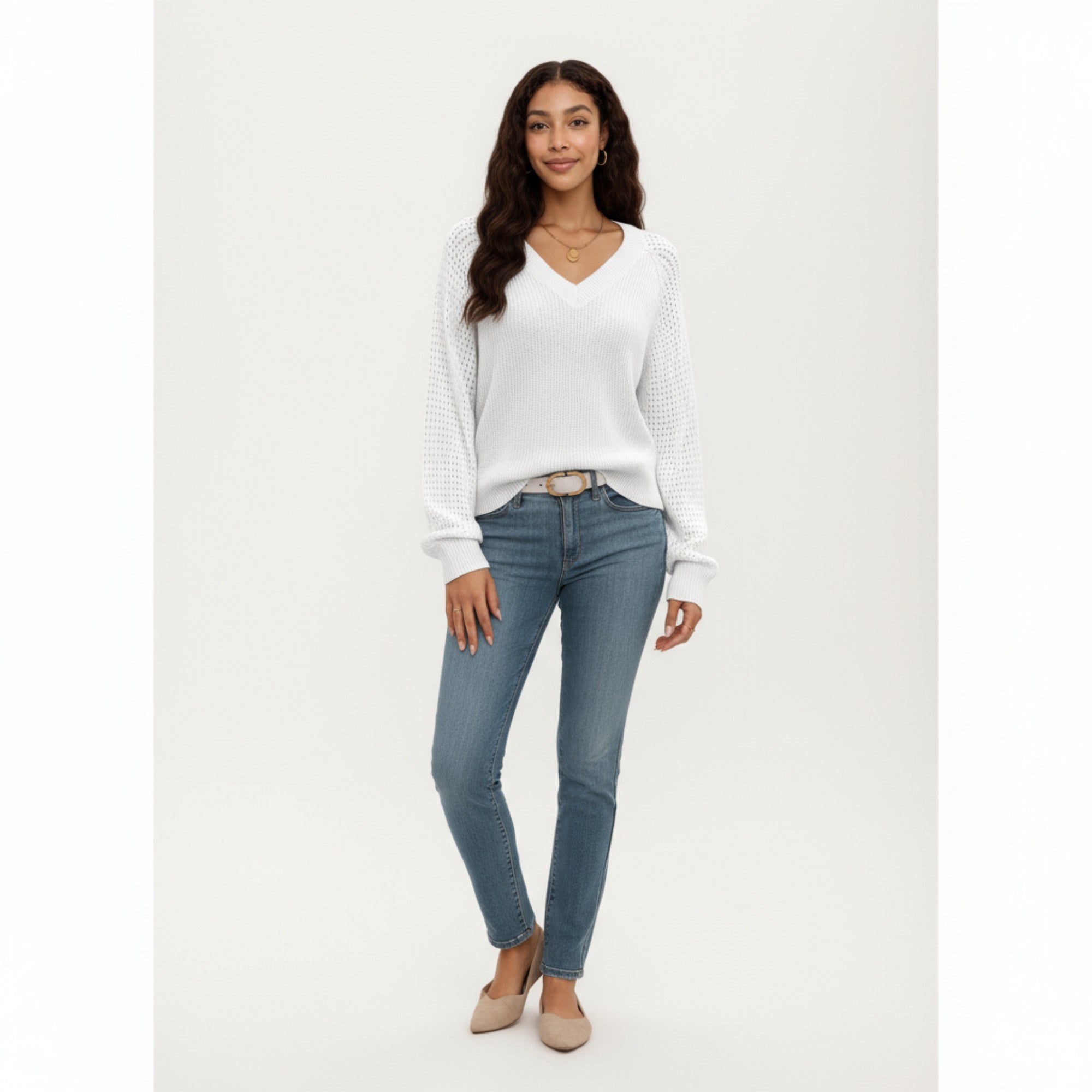 Anna-Kaci Women's Off-Shoulder Knit Sweater with Pointelle Sleeves and Relaxed Fit