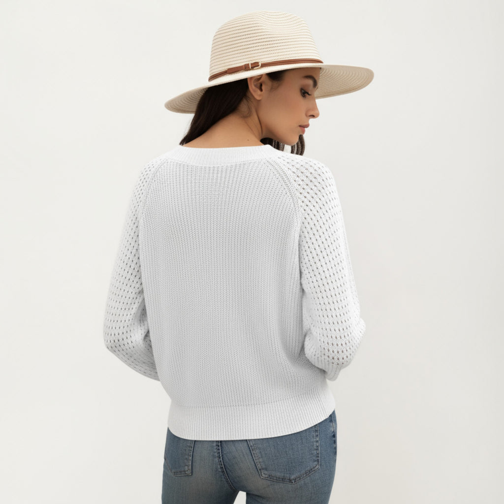 Anna-Kaci Women's Off-Shoulder Knit Sweater with Pointelle Sleeves and Relaxed Fit