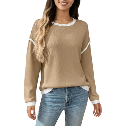 Anna-Kaci Women's Long Sleeve Knit Top with Contrast Trim and Relaxed Fit