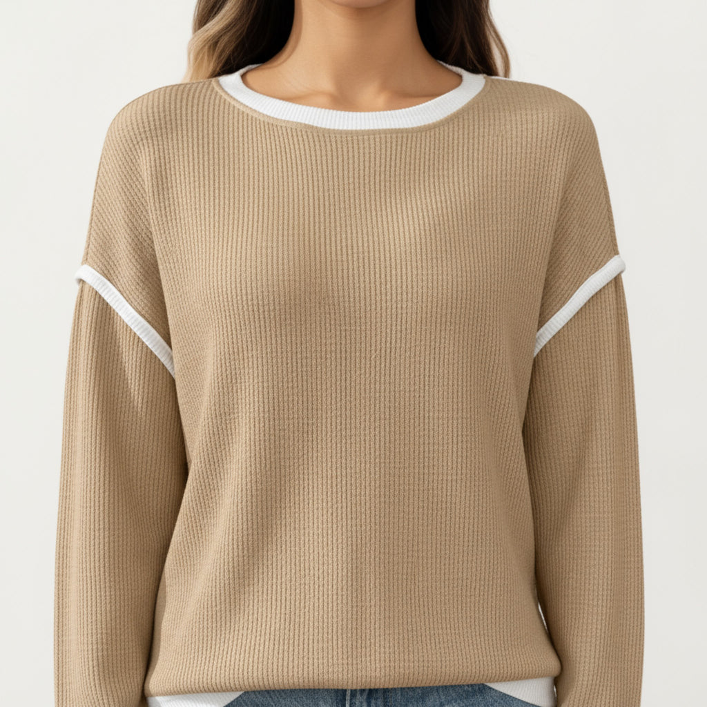 Anna-Kaci Women's Long Sleeve Knit Top with Contrast Trim and Relaxed Fit