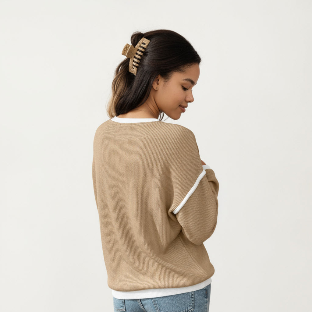 Anna-Kaci Women's Long Sleeve Knit Top with Contrast Trim and Relaxed Fit