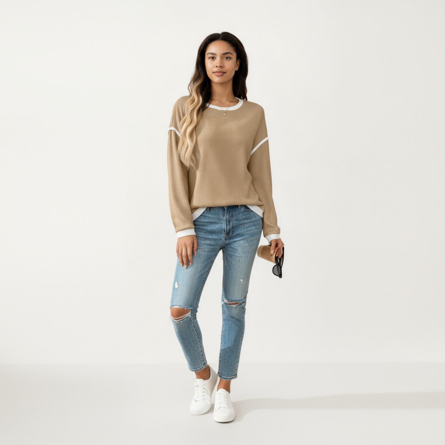 Anna-Kaci Women's Long Sleeve Knit Top with Contrast Trim and Relaxed Fit