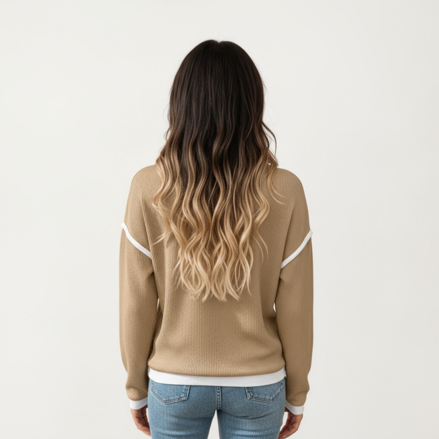 Anna-Kaci Women's Long Sleeve Knit Top with Contrast Trim and Relaxed Fit