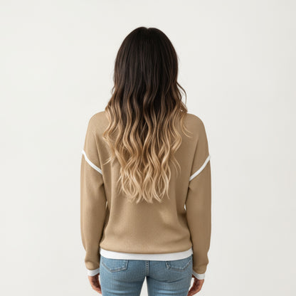 Anna-Kaci Women's Long Sleeve Knit Top with Contrast Trim and Relaxed Fit