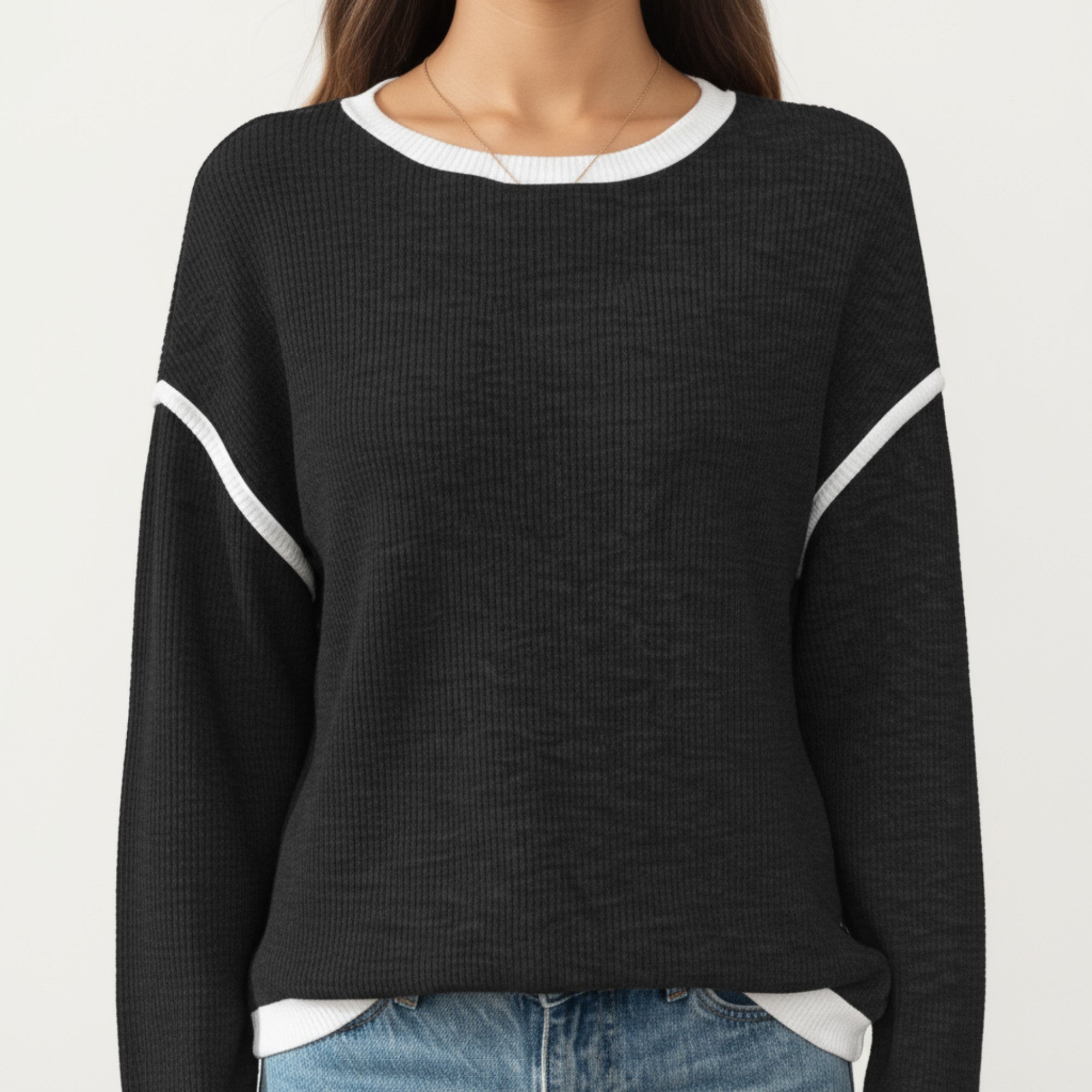 Anna-Kaci Women's Long Sleeve Knit Top with Contrast Trim and Relaxed Fit