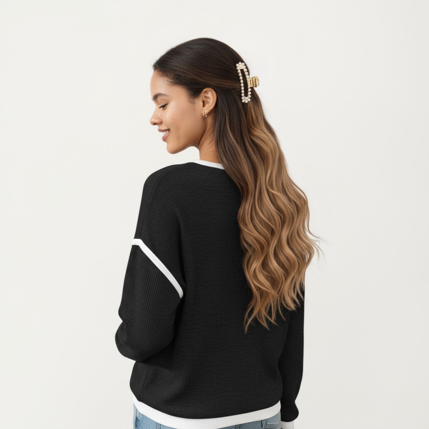 Anna-Kaci Women's Long Sleeve Knit Top with Contrast Trim and Relaxed Fit