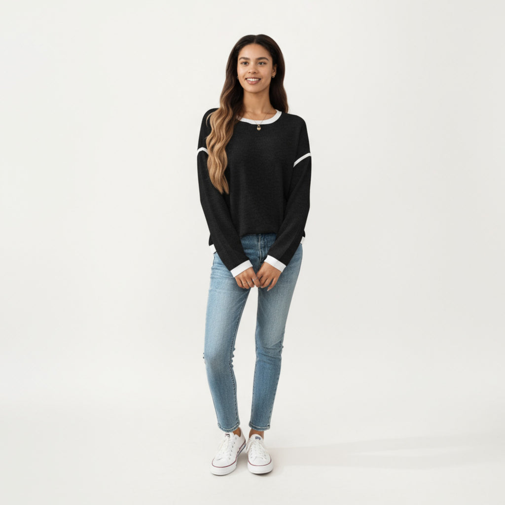 Anna-Kaci Women's Long Sleeve Knit Top with Contrast Trim and Relaxed Fit