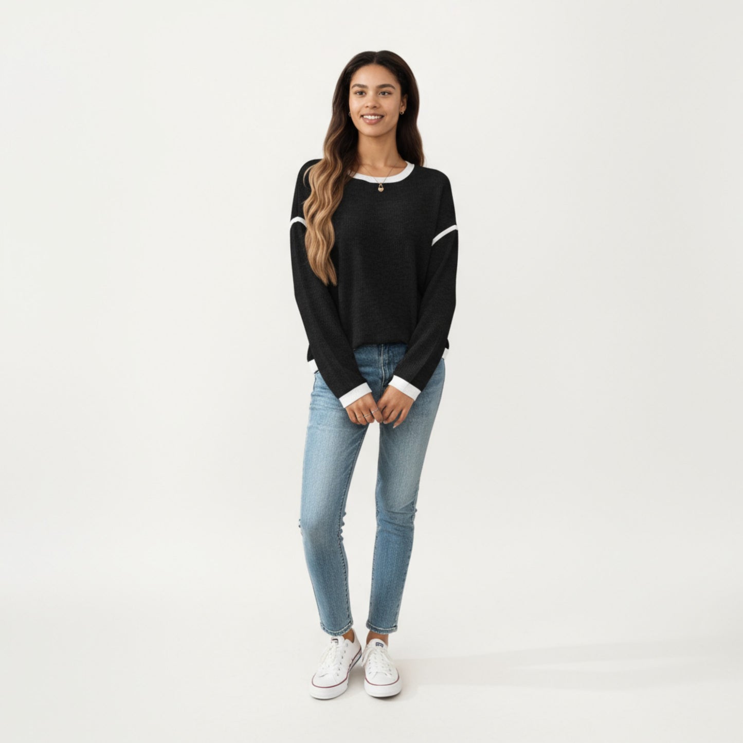 Anna-Kaci Women's Long Sleeve Knit Top with Contrast Trim and Relaxed Fit