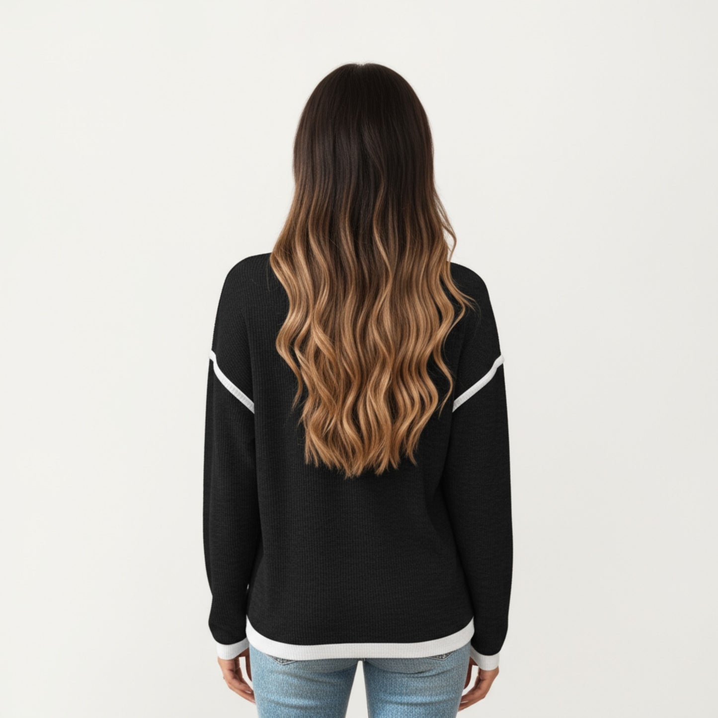 Anna-Kaci Women's Long Sleeve Knit Top with Contrast Trim and Relaxed Fit