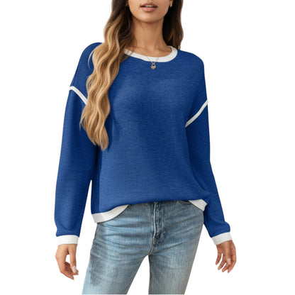 Anna-Kaci Women's Long Sleeve Knit Top with Contrast Trim and Relaxed Fit