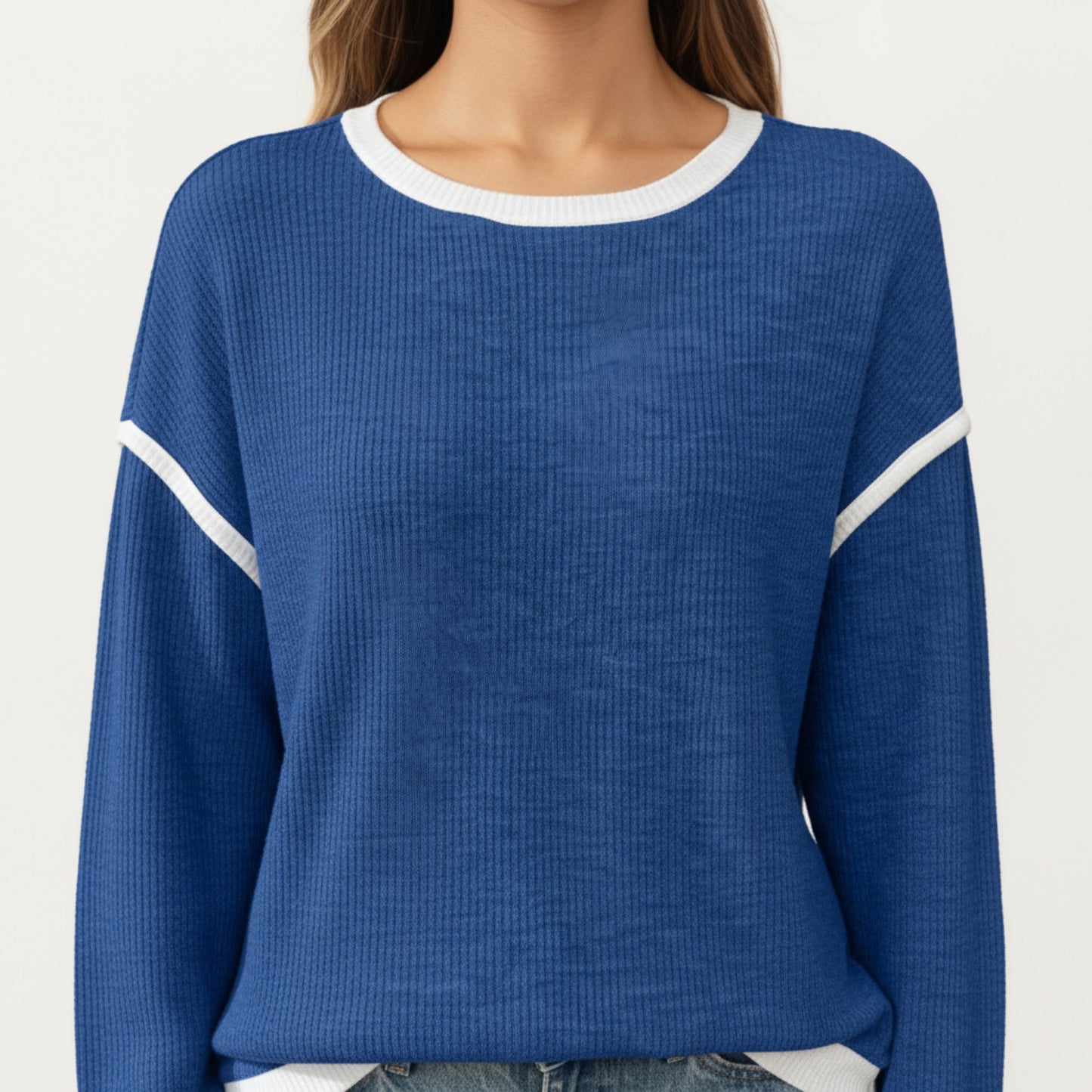 Anna-Kaci Women's Long Sleeve Knit Top with Contrast Trim and Relaxed Fit
