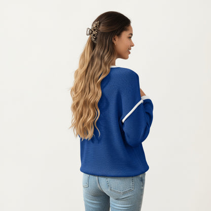 Anna-Kaci Women's Long Sleeve Knit Top with Contrast Trim and Relaxed Fit