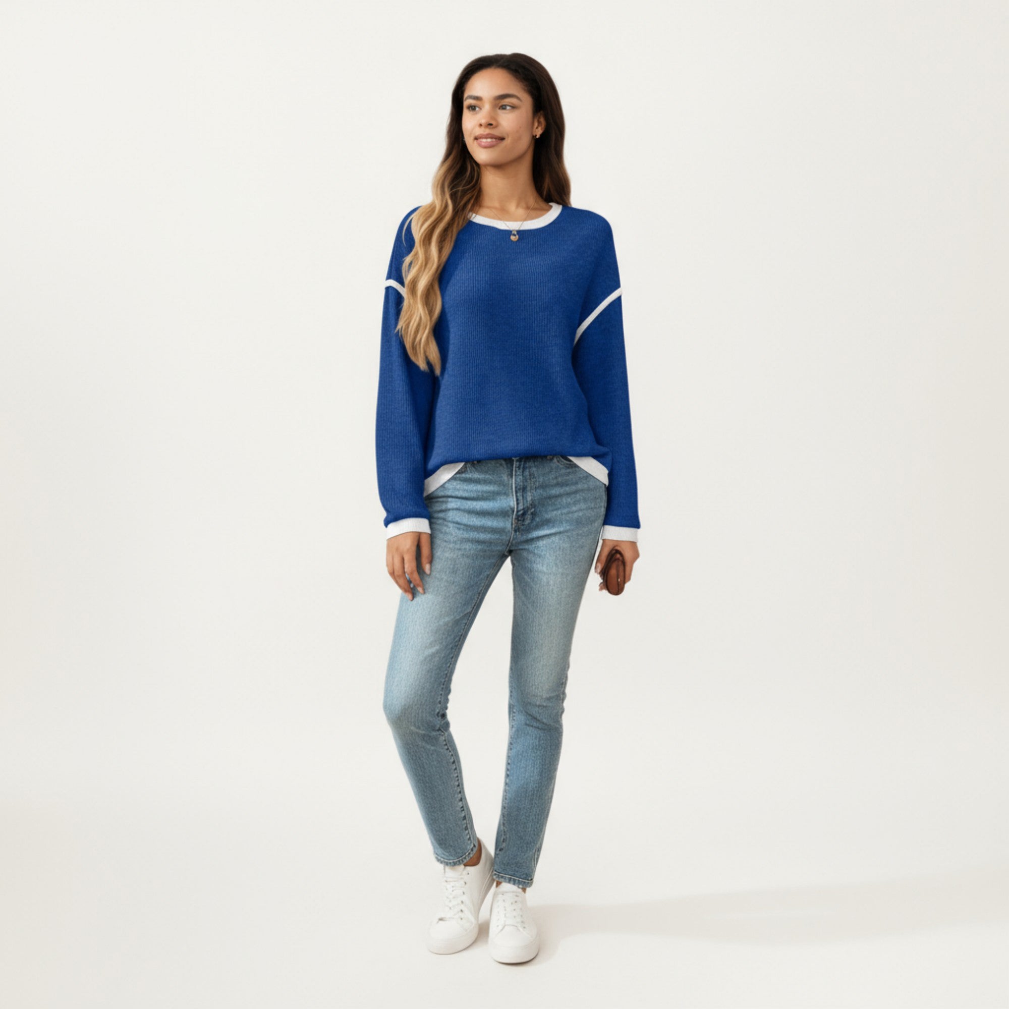 Anna-Kaci Women's Long Sleeve Knit Top with Contrast Trim and Relaxed Fit
