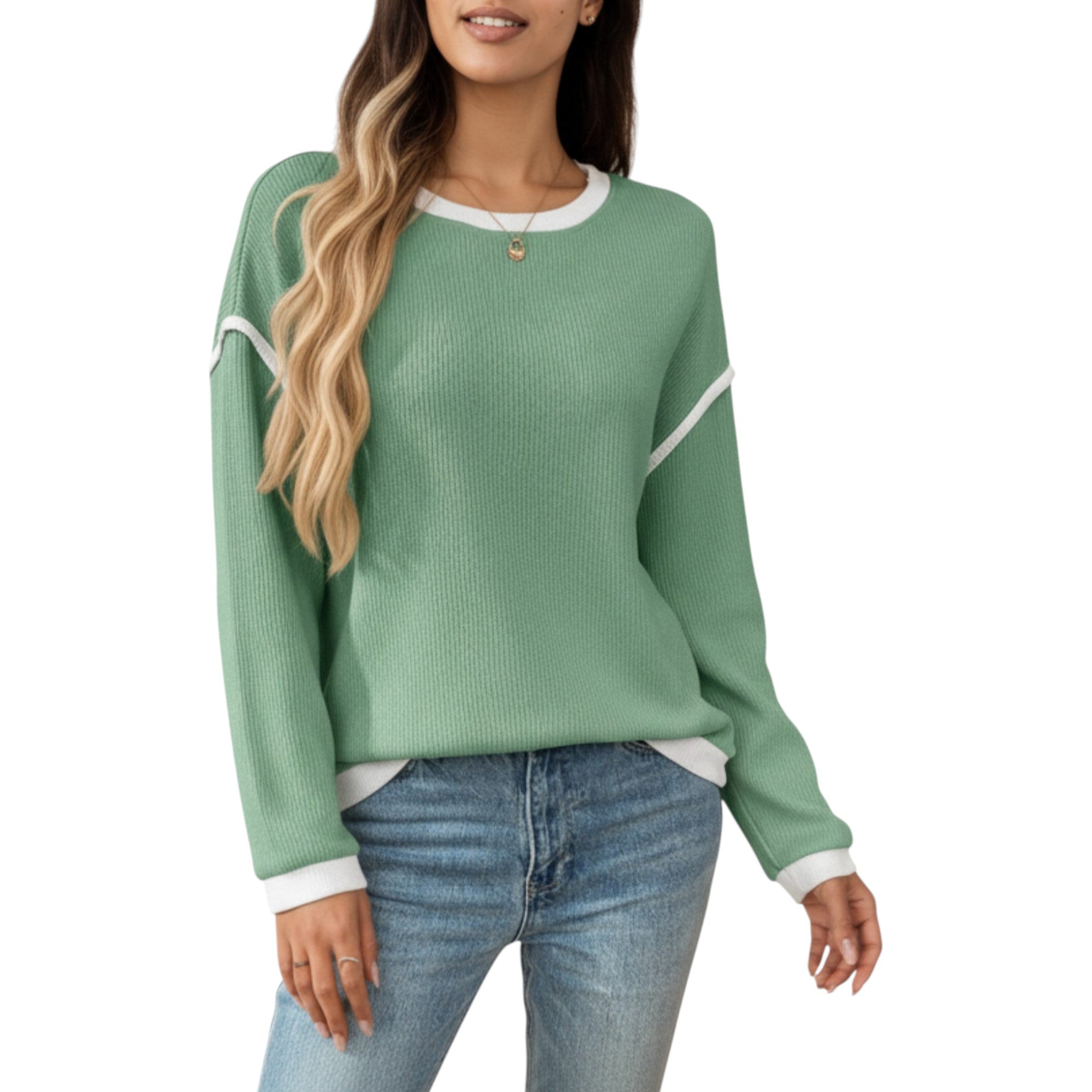 Anna-Kaci Women's Long Sleeve Knit Top with Contrast Trim and Relaxed Fit
