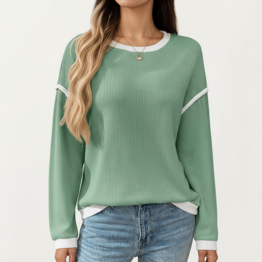 Anna-Kaci Women's Long Sleeve Knit Top with Contrast Trim and Relaxed Fit