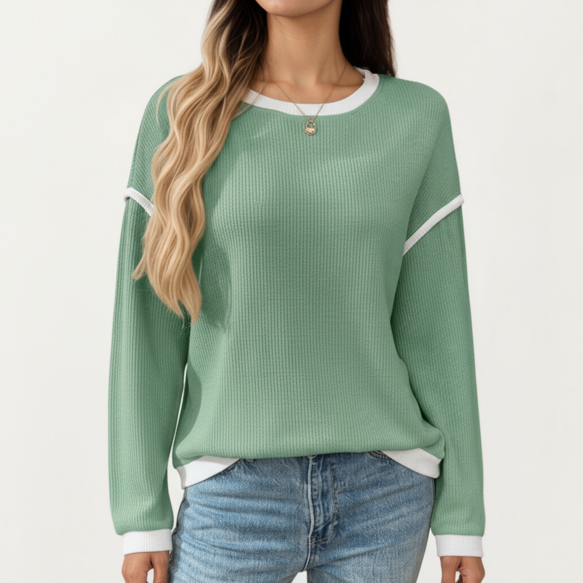 Anna-Kaci Women's Long Sleeve Knit Top with Contrast Trim and Relaxed Fit
