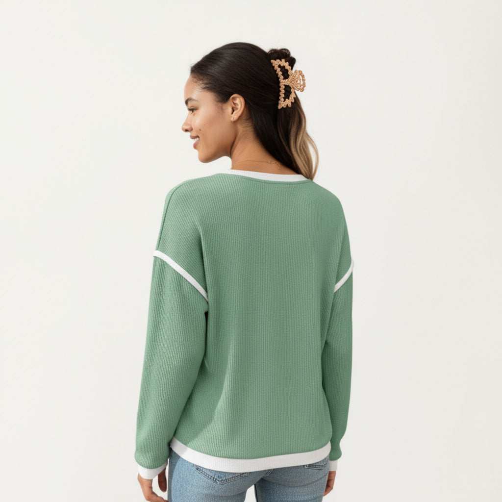 Anna-Kaci Women's Long Sleeve Knit Top with Contrast Trim and Relaxed Fit