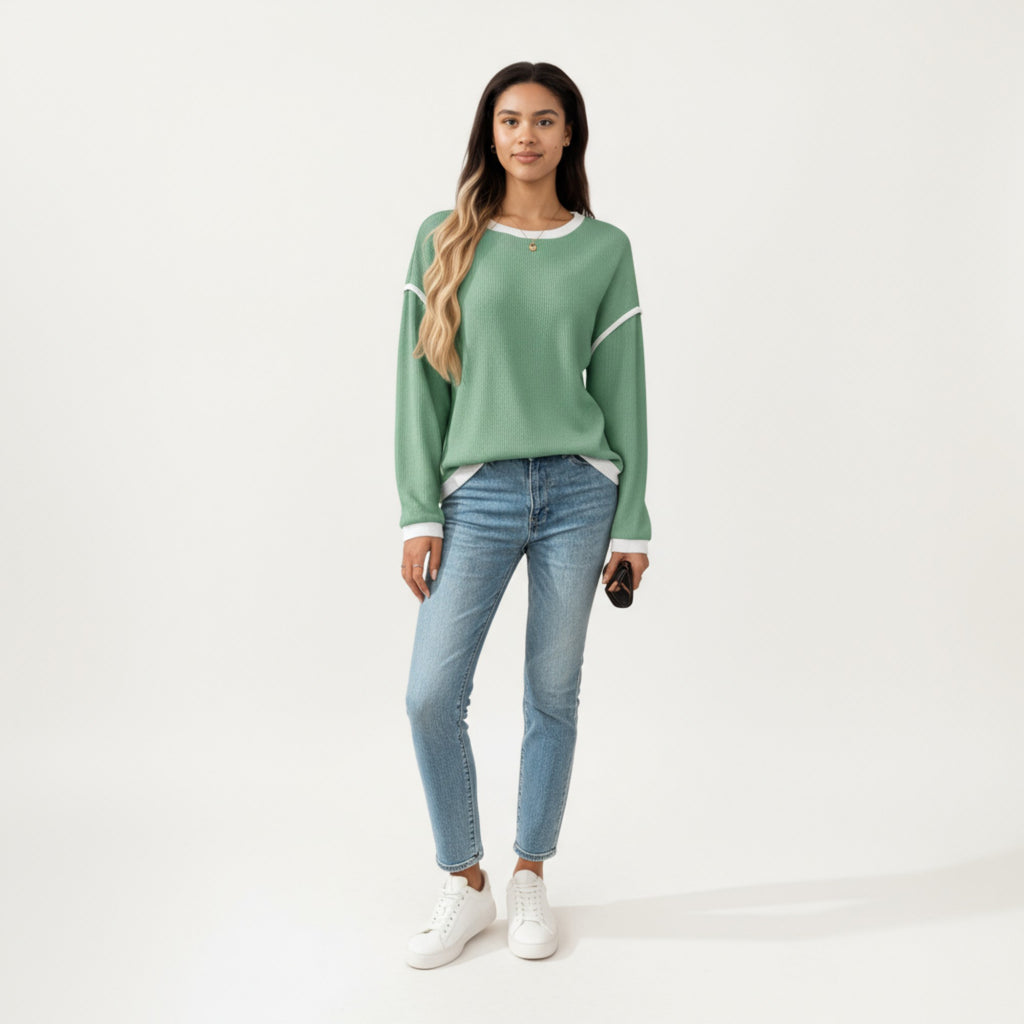 Anna-Kaci Women's Long Sleeve Knit Top with Contrast Trim and Relaxed Fit