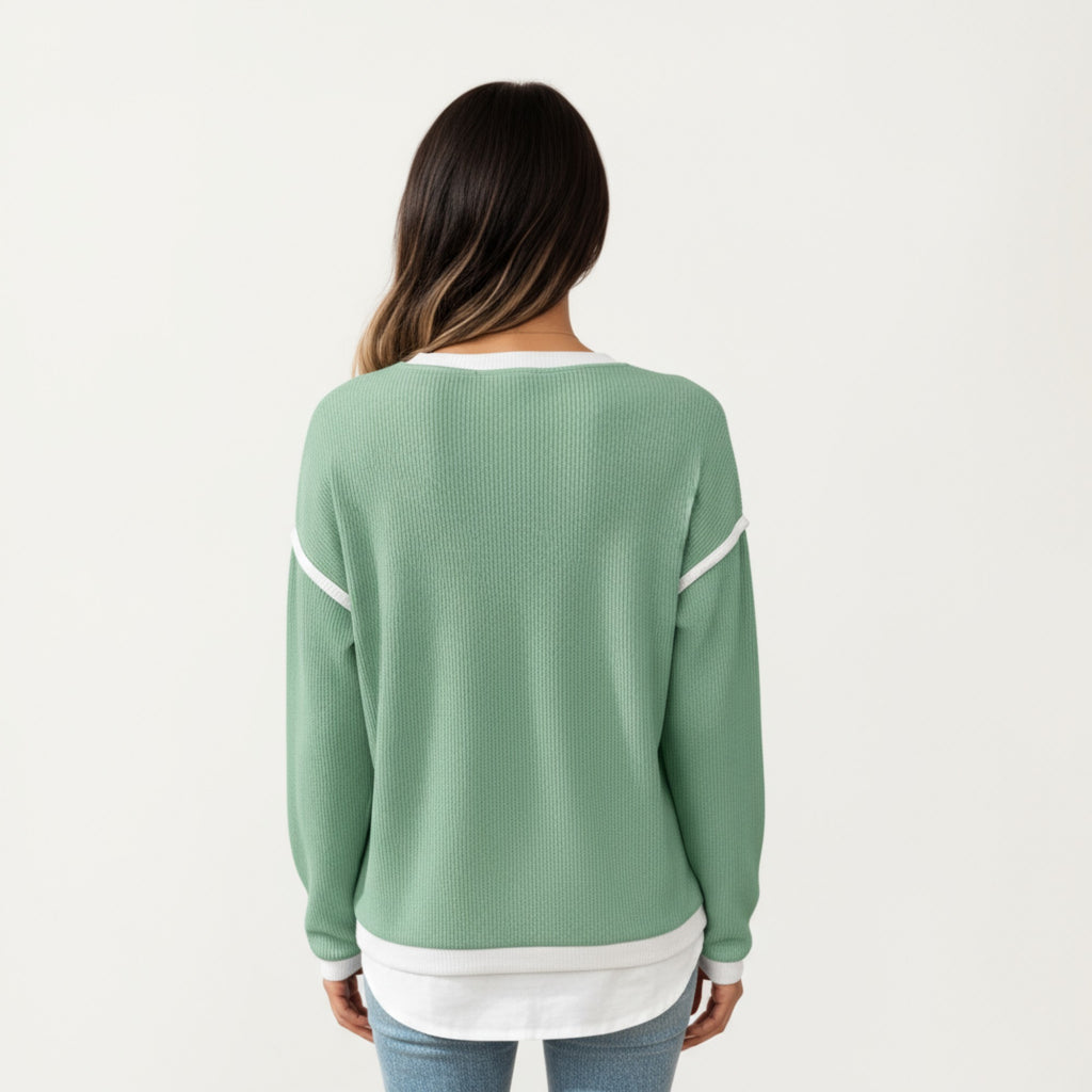 Anna-Kaci Women's Long Sleeve Knit Top with Contrast Trim and Relaxed Fit