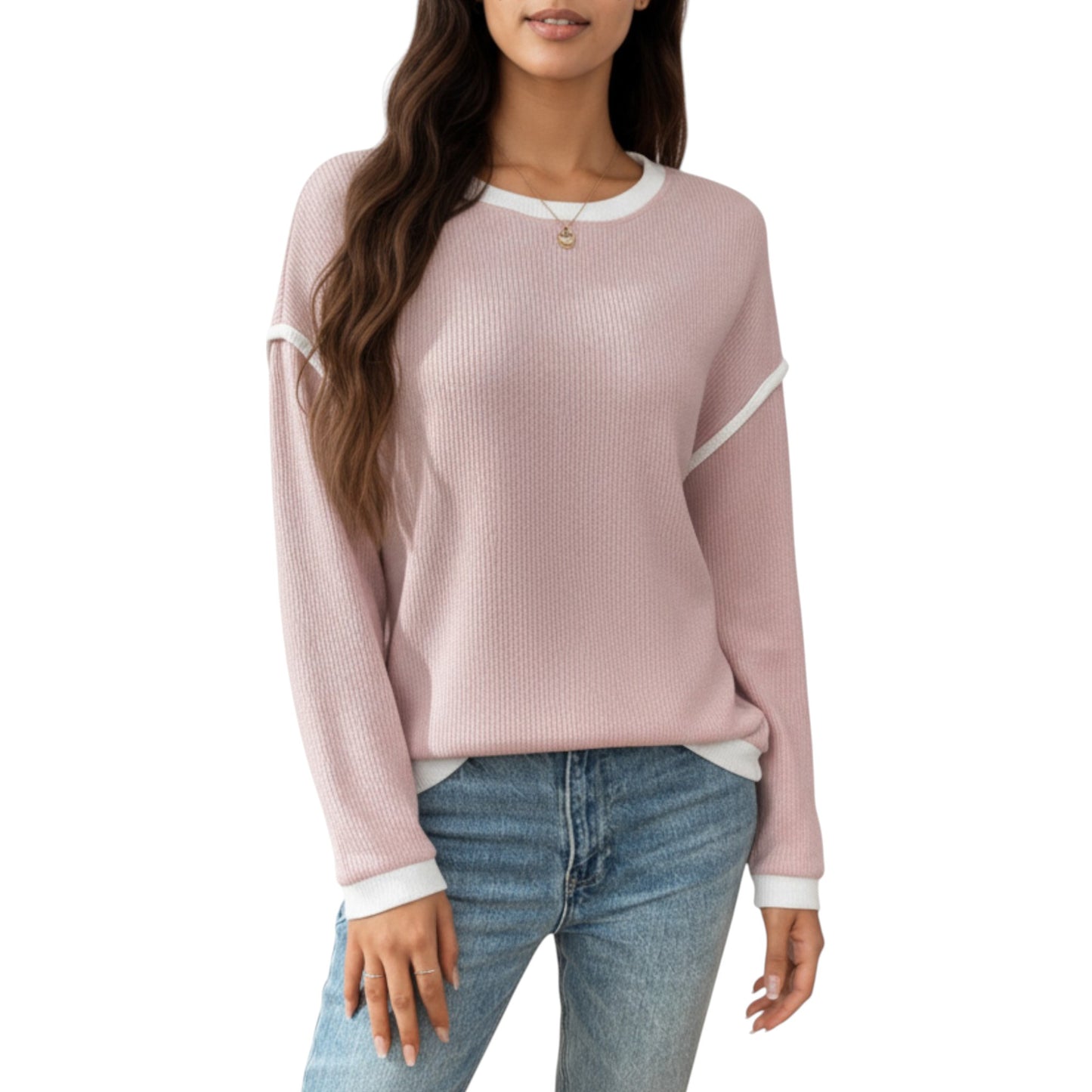 Anna-Kaci Women's Long Sleeve Knit Top with Contrast Trim and Relaxed Fit