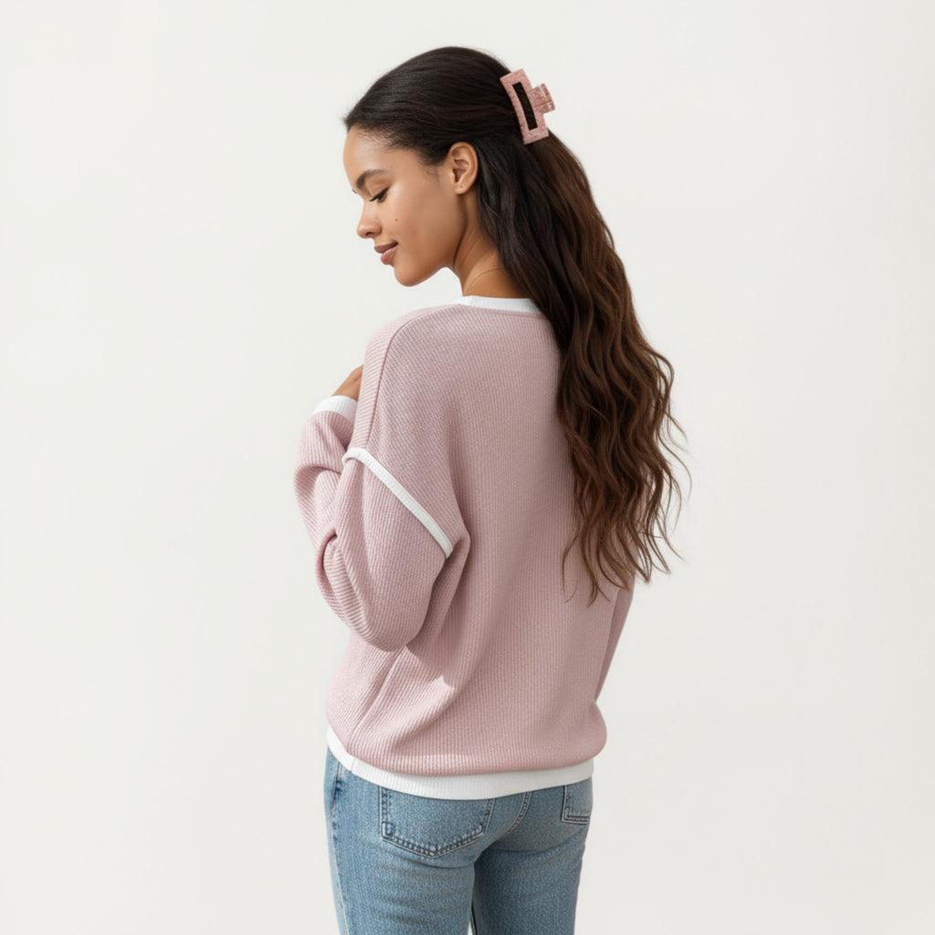 Anna-Kaci Women's Long Sleeve Knit Top with Contrast Trim and Relaxed Fit