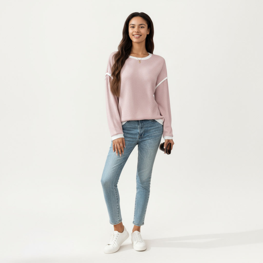 Anna-Kaci Women's Long Sleeve Knit Top with Contrast Trim and Relaxed Fit